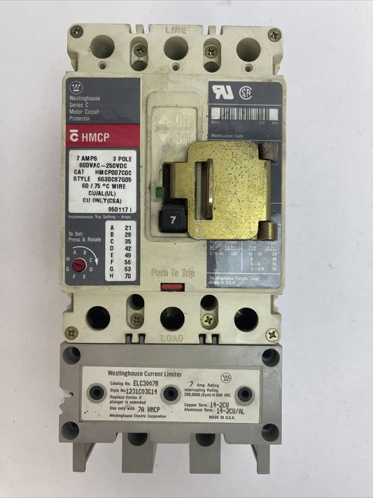 WESTINGHOUSE HMCP007C0C SER C 7A 600VAC 250VDC 3POLE ELC3007R CURRENT LIMITER 7A