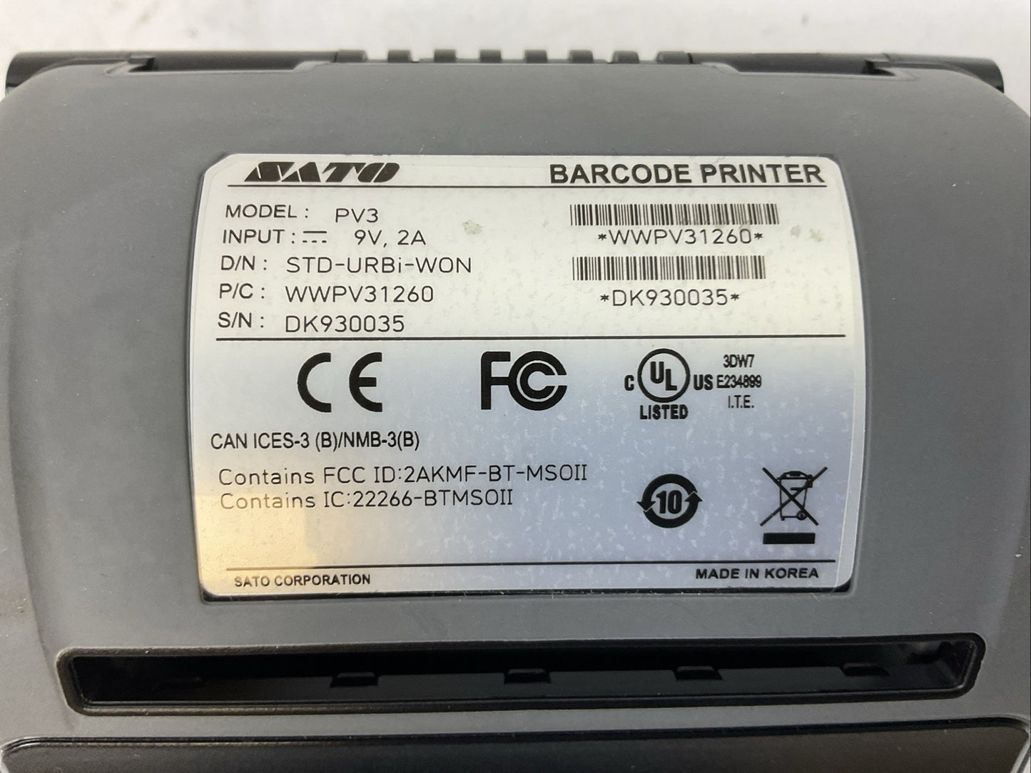 SATO PV3 BARCODE PRINTER STD-URBi-WON INPUT 9VDC 2A