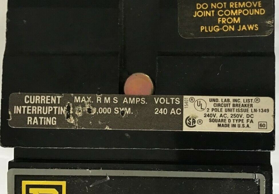 SQUARE D FA22020BC CIRCUIT BREAKER 20AMP SER.1 240VAC/250VDC ***LOTOF2***