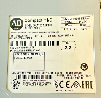 ALLEN BRADLEY 1769-OF4CI 4CHN ISO. CURR. OUTPUT MODULE FW2.2 SER.A