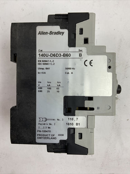 ALLEN BRADLEY 140U-D6D3-B60 MOTOR PROTECTOR SER B 6A 600Y/347VAC