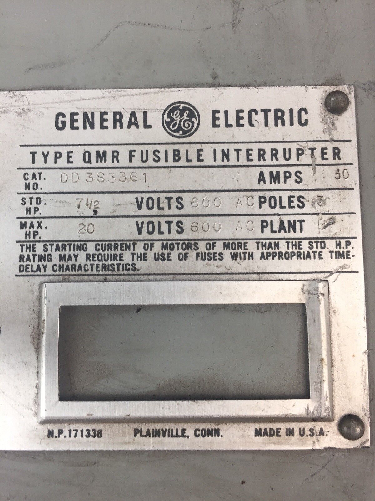 GE QMR 30A 600VAC 3 POLE FUSIBLE INTERRUPTER DD3S3361