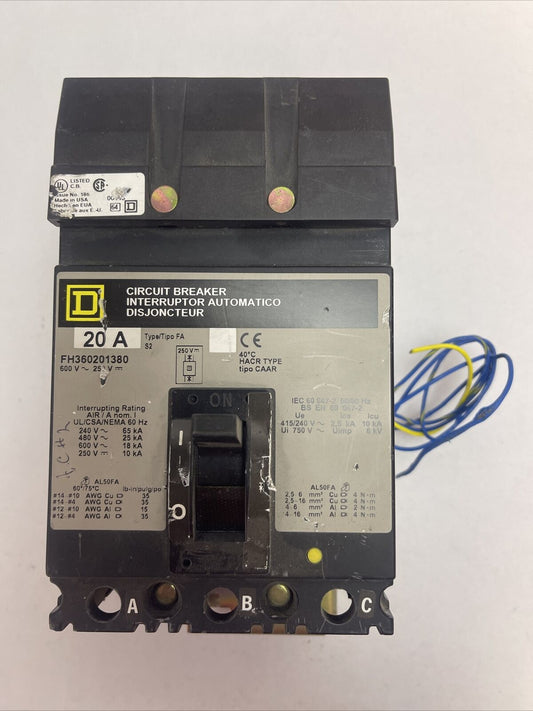 SQUARE D FH360201380 CIRCUIT BREAKER 20A 600VAC 250VDC 3POLE