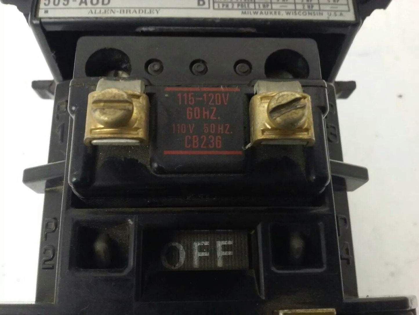 ALLEN BRADLEY 509-AOD, SER. B, STARTER, SIZE 0, 600V, 18A, 5 H.P.,120V COIL,USED