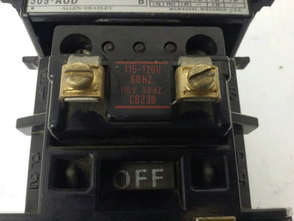 ALLEN BRADLEY 509-AOD, SER. B, STARTER, SIZE 0, 600V, 18A, 5 H.P.,120V COIL,USED