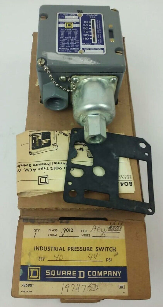 SQUARE D 9012 ACW1S11 SER.B, PRESSURE SWITCH, SET 40-44 PSI, FORM V, 9012 ACW1