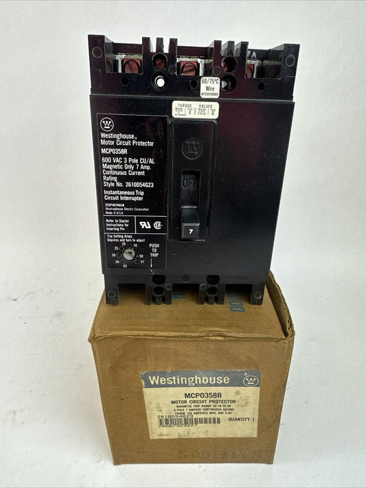 WESTINGHOUSE MCP0358R MOTOR CIRCUIT PROTECTOR 3P 7A 600VAC TRIP RANGE 18-58