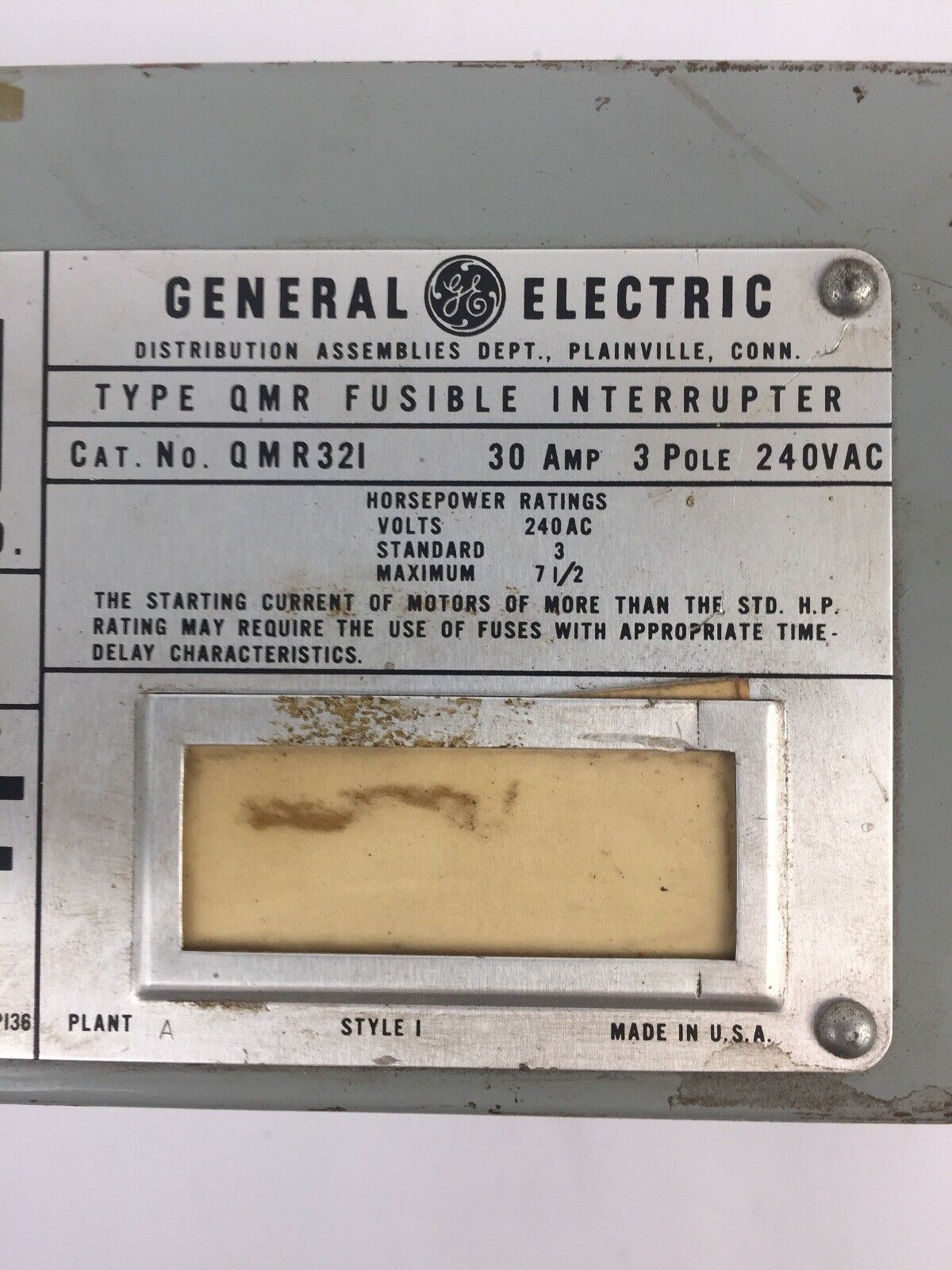 GENERAL ELECTRIC GE QMR QMR321 - 30 AMP, 240VAC, 3-pole FUSED PANELBOARD SWITCH