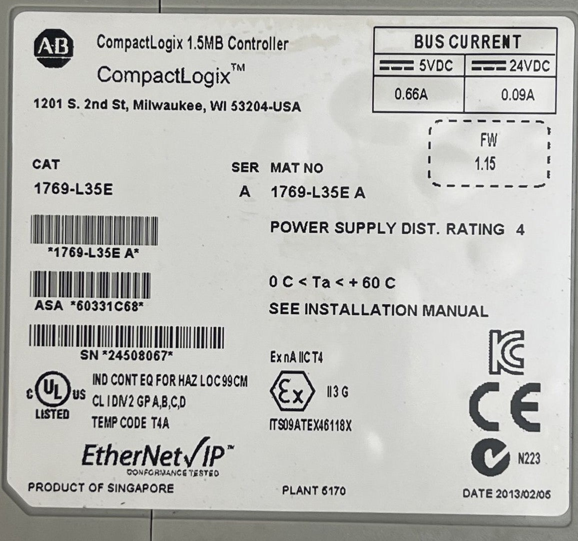 ALLEN BRADLEY 1769-L35E COMPACT LOGIX 1.5MB CONTROLLER SER A FW1.15 24VDC 0.09A
