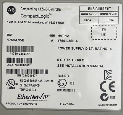 ALLEN BRADLEY 1769-L35E COMPACT LOGIX 1.5MB CONTROLLER SER A FW1.15 24VDC 0.09A