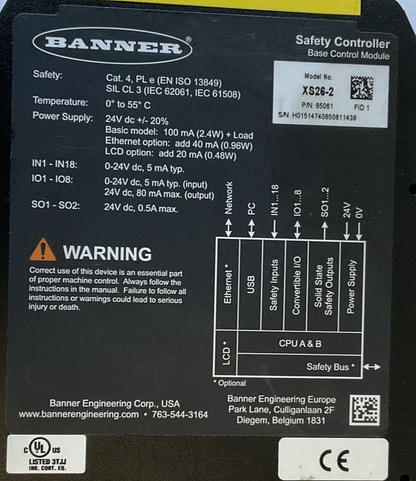 BANNER XS26-2 SAFETY CONTROLLER 24VDC  BASE CONTROL MODULE