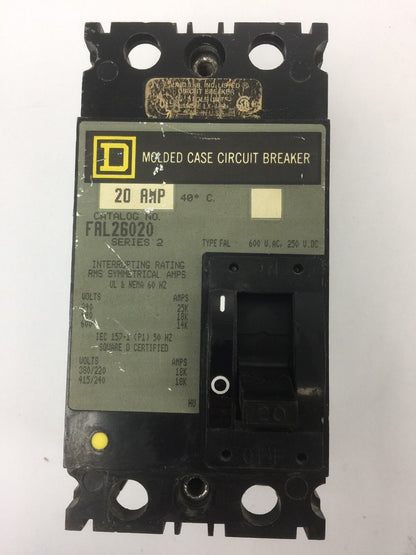 SQUARE D FAL26020 CIRCUIT BREAKER 600 VAC 250 VDC 20 AMP 2 POLE SERIES 2