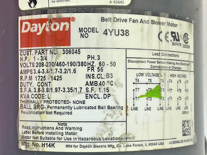 DAYTON 4YU38 BELT DRIVE FAN AND BLOWER MOTOR HP 1-3/4 3PH 60-50HZ