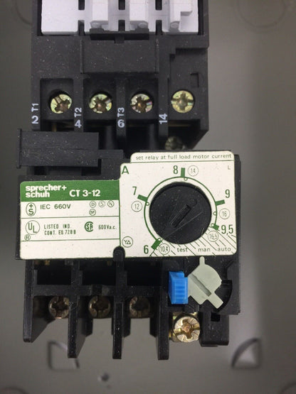 SPRECHER + SCHUH CA3-12 CONTACTOR CT3-12 OVERLOAD RELAY WITH ENCLOSURE RESET