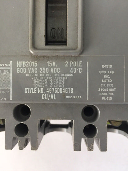WESTINGHOUSE HFB2015 AB DE-ION CIRCUIT BREAKER 15AMP 600VAC 250VDC 2P 4976D04G18