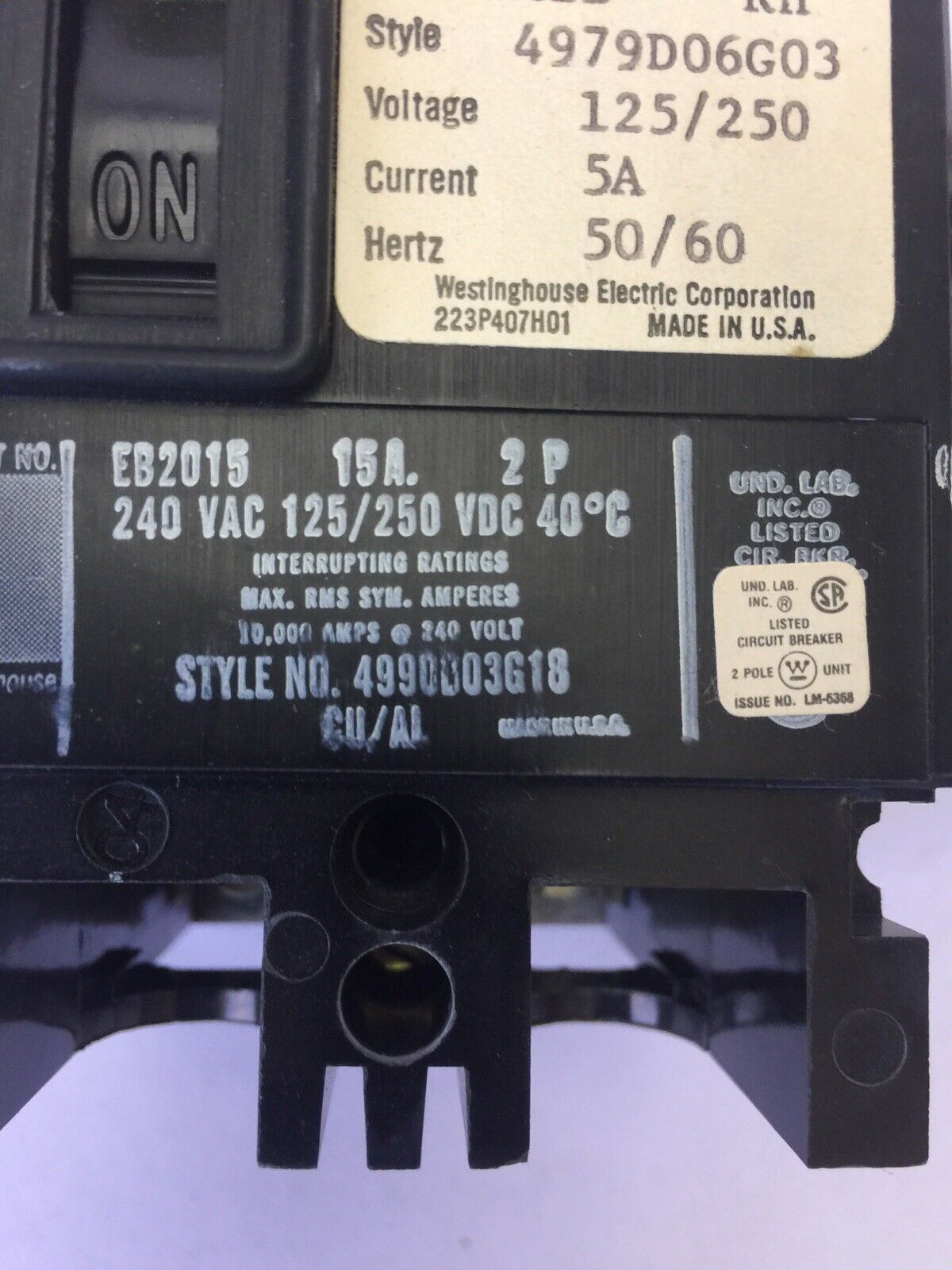 WESTINGHOUSE EB2015 CIRCUIT BREAKER 15AMP 2POLE 240VAC 125/250VDC 4990D03G18