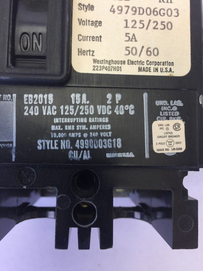 WESTINGHOUSE EB2015 CIRCUIT BREAKER 15AMP 2POLE 240VAC 125/250VDC 4990D03G18