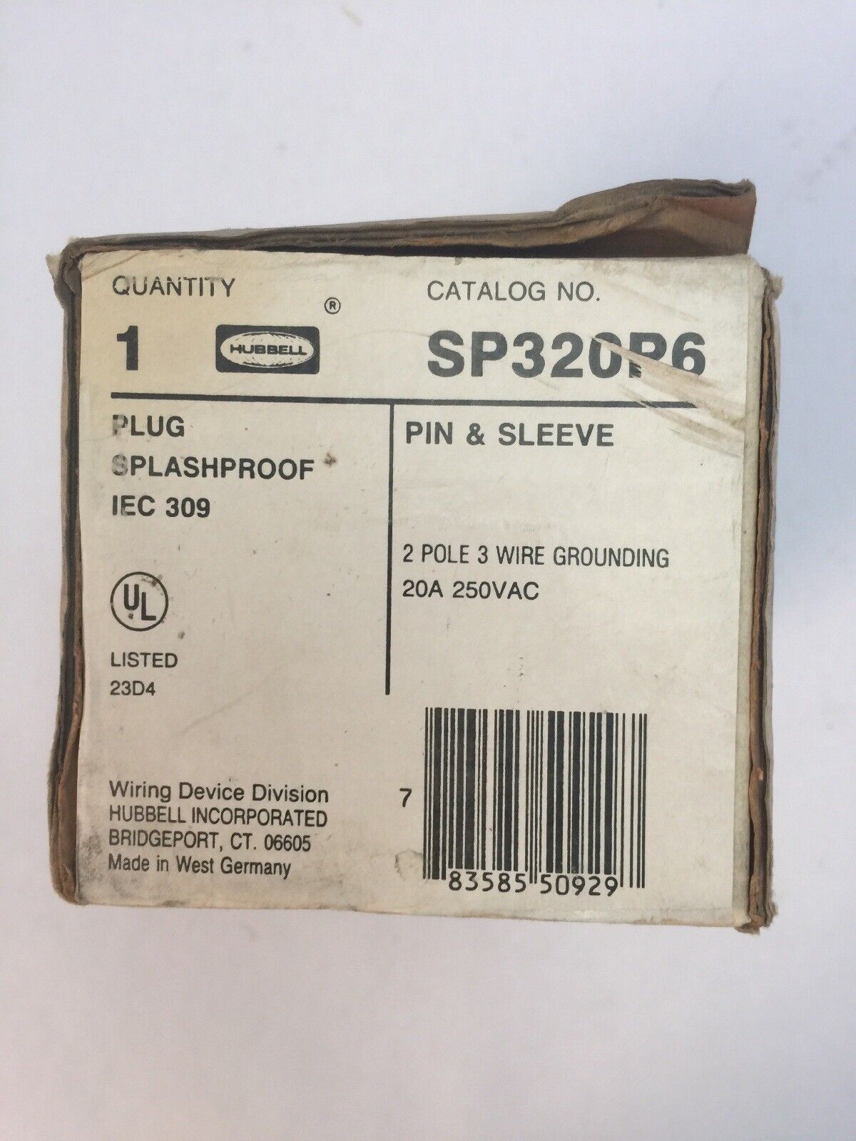 HUBBELL SP320P6 PLUG SPLASHPROOF EIC 309 PIN & SLEEVE 20A 250VAC 2 POLE 3 WIRE