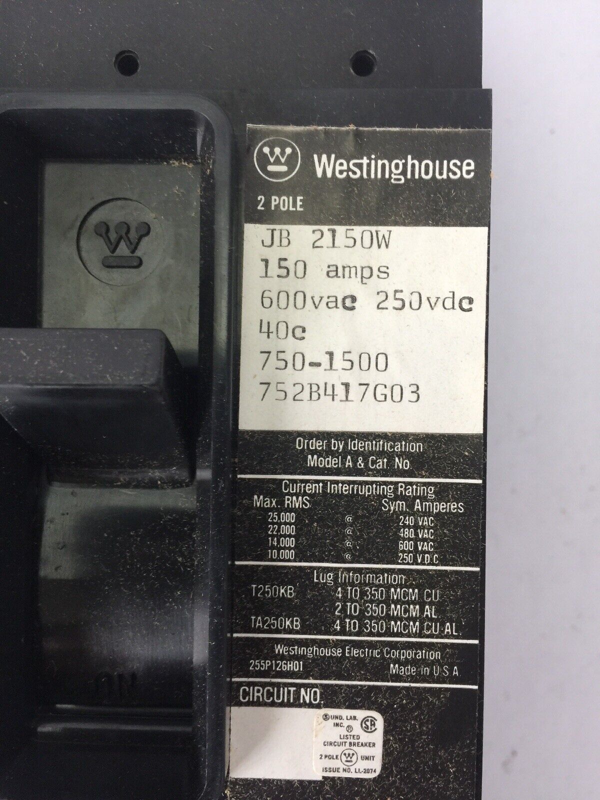 WESTINGHOUSE JB2150W AB DEION CIRCUIT BREAKER 150A 600VAC 250VDC 2 POLE