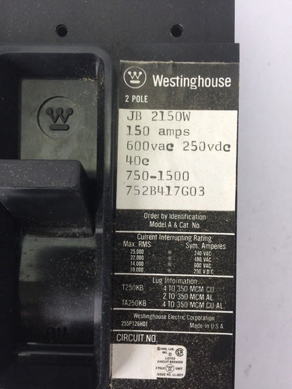 WESTINGHOUSE JB2150W AB DEION CIRCUIT BREAKER 150A 600VAC 250VDC 2 POLE