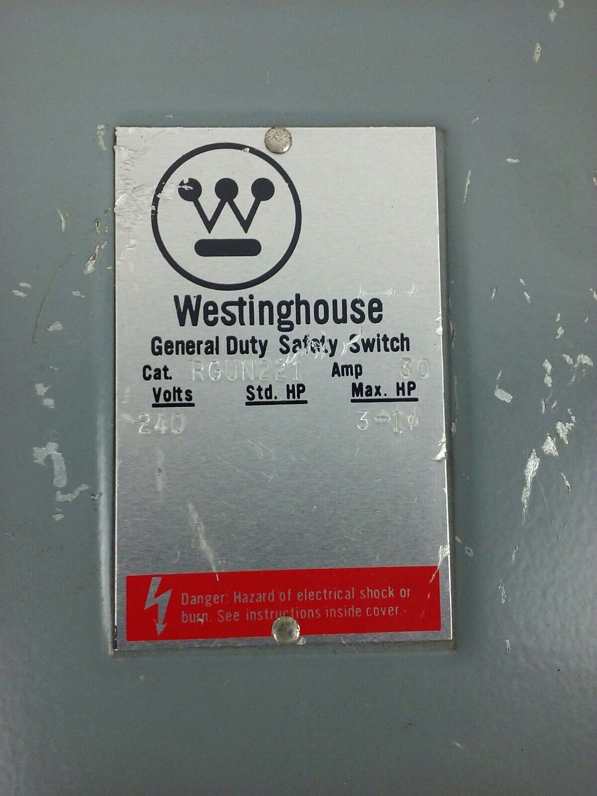 WESTINGHOUSE RGUN221 SAFETY SWITCH, 30A, 240V, 2P, NON FUSE, TYPE 3R RAINPROOF