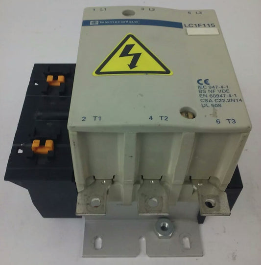 TELEMECANIQUE LC1F115 CONTACTOR, 3PH, 600V, 175A, 100HP, W/ LX1FF020 20/24V COIL