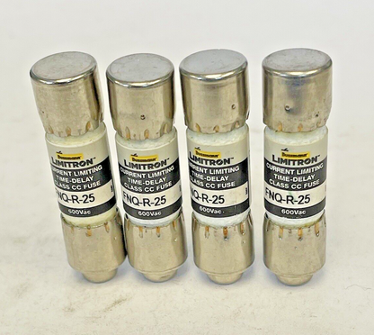 BUSSMANN *LOT OF 4* - FNQ-R-25 - 25 AMP, 600 VAC, TIME-DELAY, CLASS CC FUSES