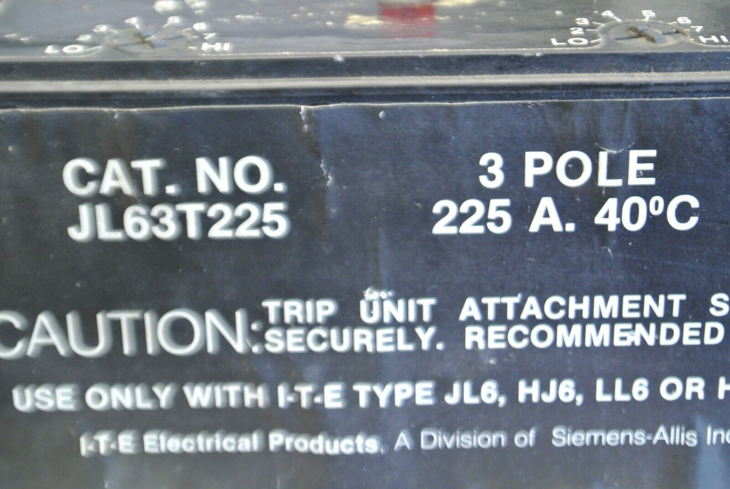 I-T-E JL63T225 / CIRCUIT BREAKER TRIP UNIT / 225A / 3-POLE / MAG. ADJUST 125-250