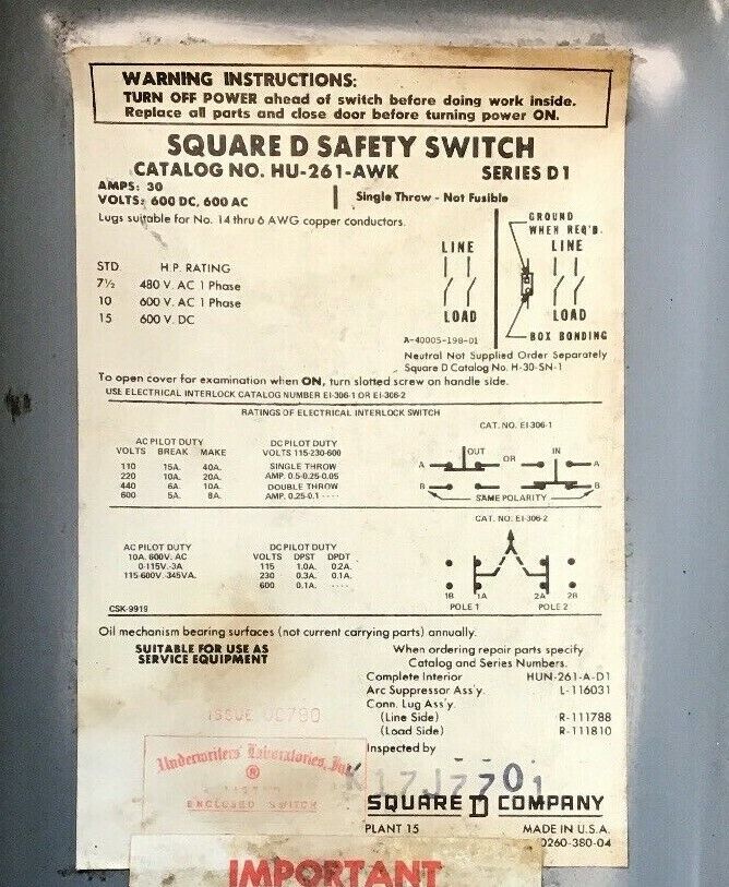 SQUARE D HU-216-AWK NON FUSIBLE SAFETY SWITCH 30A 600VAC/VDC 2POLE SER.D1