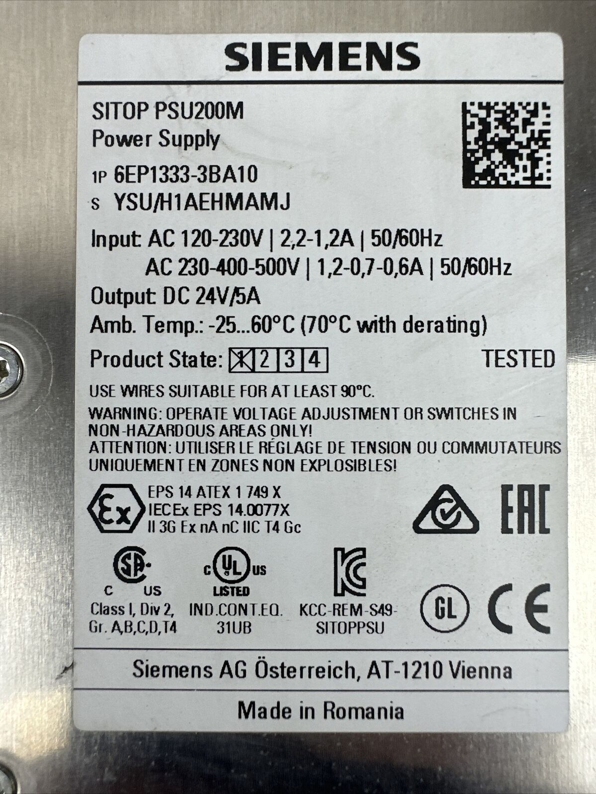 SIEMENS 1P 6EP1333-3BA10 SITOP PSU200M POWER SUPPLY OUTPUT 24VDC 5A