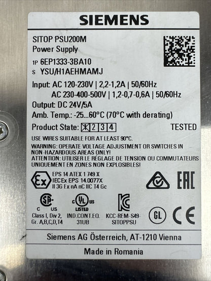 SIEMENS 1P 6EP1333-3BA10 SITOP PSU200M POWER SUPPLY OUTPUT 24VDC 5A