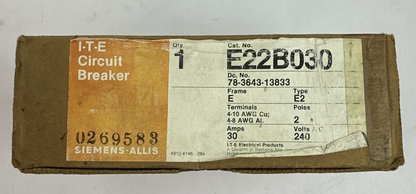 SIEMENS ITE E22B030 CIRCUIT BREAKER 20A 2P 240VAC 125/250VDC