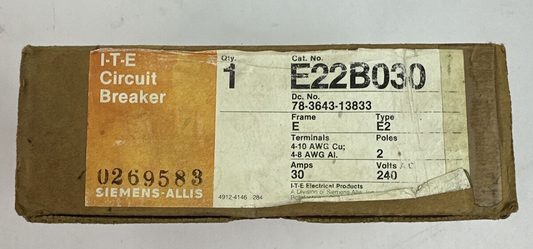 SIEMENS ITE E22B030 CIRCUIT BREAKER 20A 2P 240VAC 125/250VDC