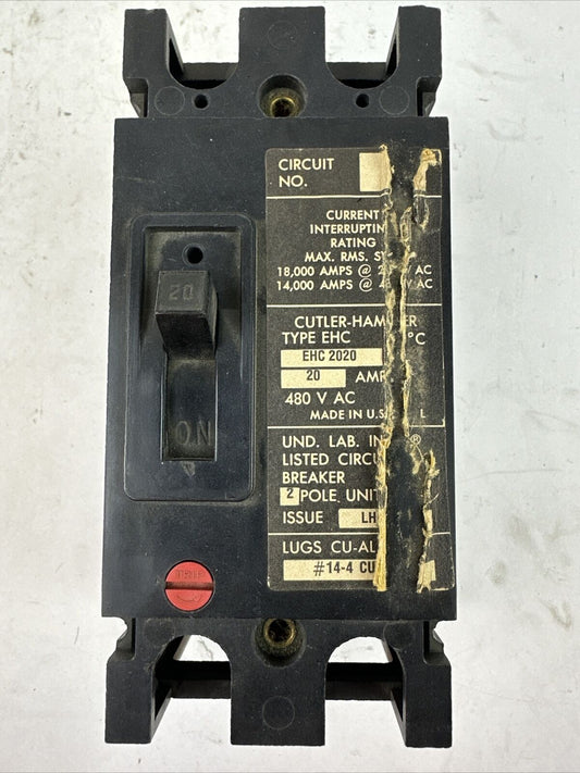 CUTLER HAMMER EHC2020 CIRCUIT BREAKER 20AMP 480VAC 250VDC 2POLE