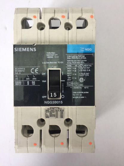 SIEMENS NGG3B015 CIRCUIT BREAKER 600Y/347 VAC 250 VDC 15 AMP 3 POLE TYPE NGG