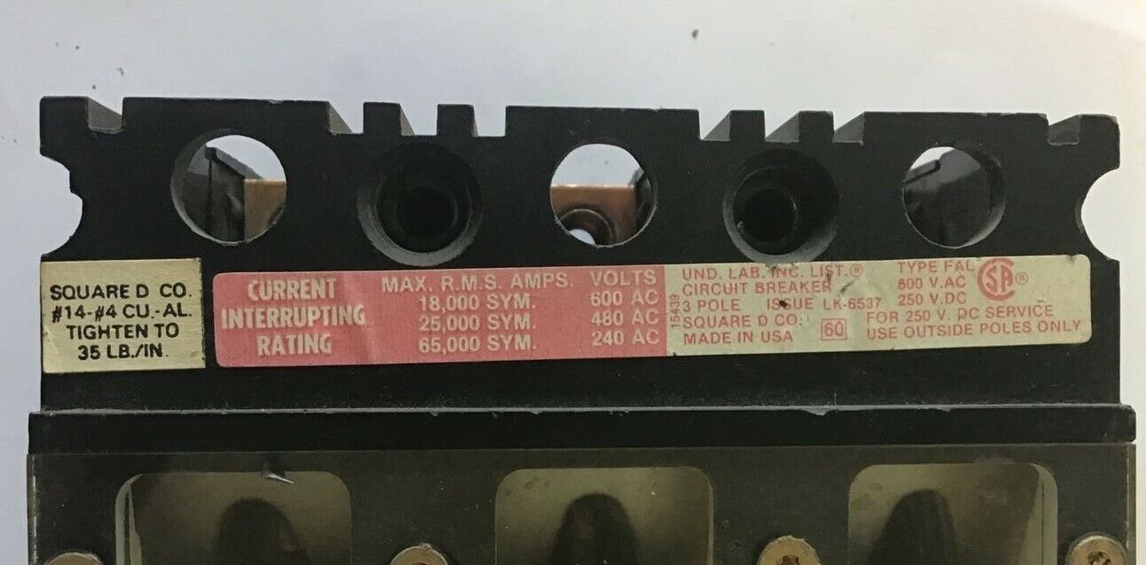SQUARE D FHL 36030-V CIRCUIT BREAKER 600VAC 30AMP