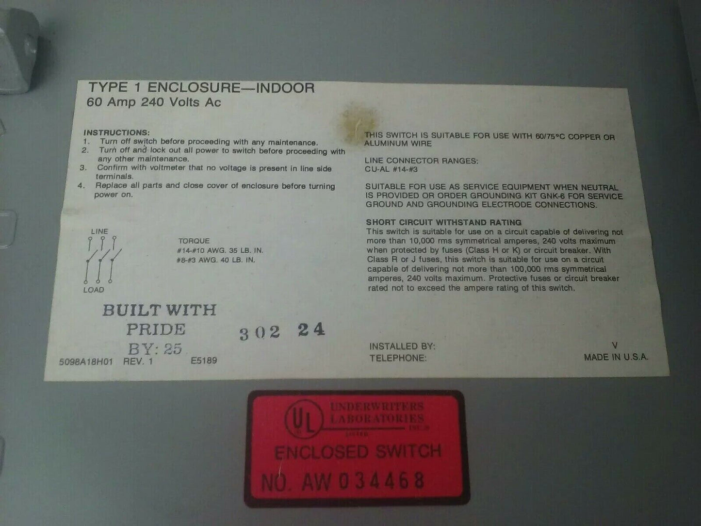 CHALLENGER GD322NFC NON-FUSIBLE SAFETY SWITCH 3PH 60A 240V 30HP TYPE 1 INDOOR