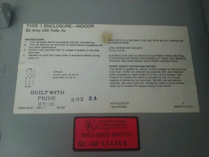CHALLENGER GD322NFC NON-FUSIBLE SAFETY SWITCH 3PH 60A 240V 30HP TYPE 1 INDOOR