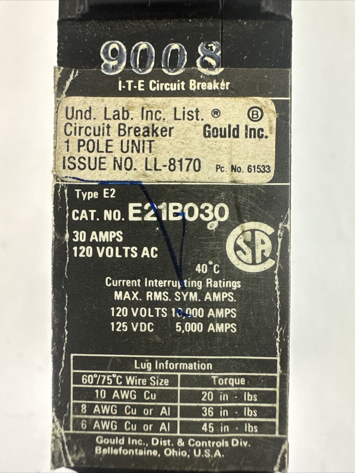 ITE E21B030 CIRCUIT BREAKER 1POLE 120VAC 125VDC 30AMP