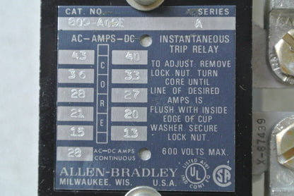 ALLEN-BRADLEY 809-A09E INSTANTANEOUS TRIP CURRENT RELAY 600V 28A AC/DC