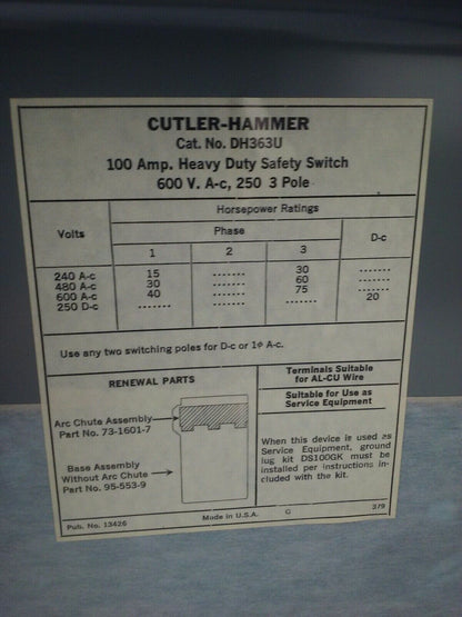 CUTLER HAMMER DH363U NON FUSIBLE H.D. SAFETY SWITCH 3P 100A 600VAC/250VDC 75HP