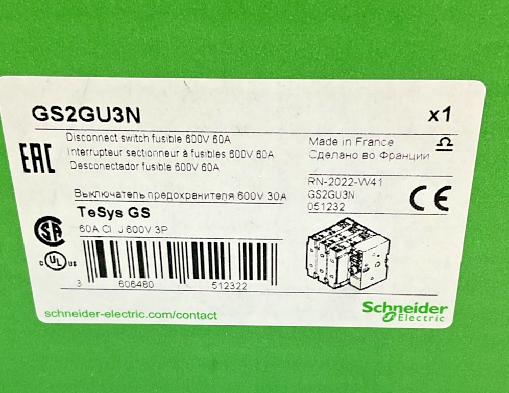 SCHNEIDER ELECTRIC GS2GU3N FUSIBLE DISCONNECT SWITCH 600V 60A