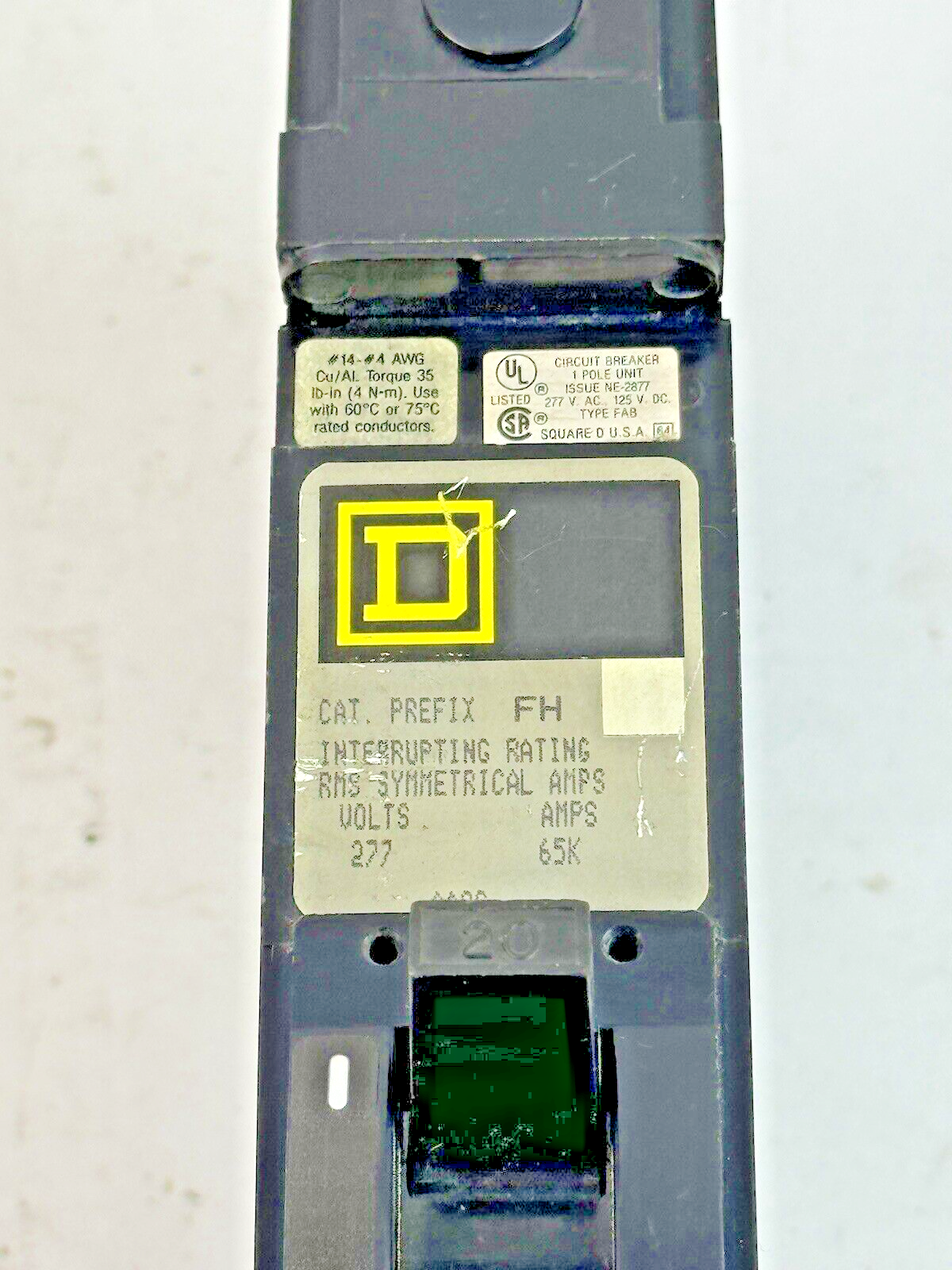 SQUARE D - FHB16020C - I-LINE MOLDED CASE CIRCUIT BREAKER - 1 POLE/ 20 A/ 277VAC