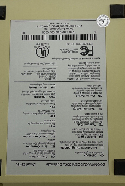 ZOOM/FAX MODEM MODEL 2949 56K DUAL STANDARD V.90& K56FLEX 2949L