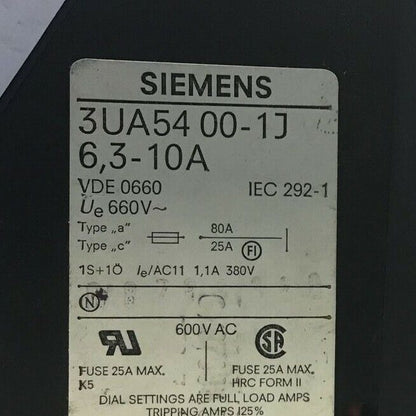 SIEMENS 3UA5400-1J 6,3-10A OVERLOAD RELAY 600VAC