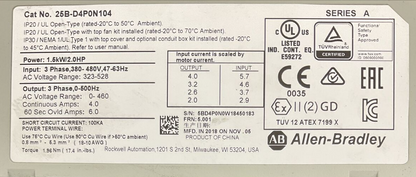 ALLEN BRADLEY 25B-D4P0N104 AC DRIVE FRN 5.001 SER A OUTPUT 0-460VAC