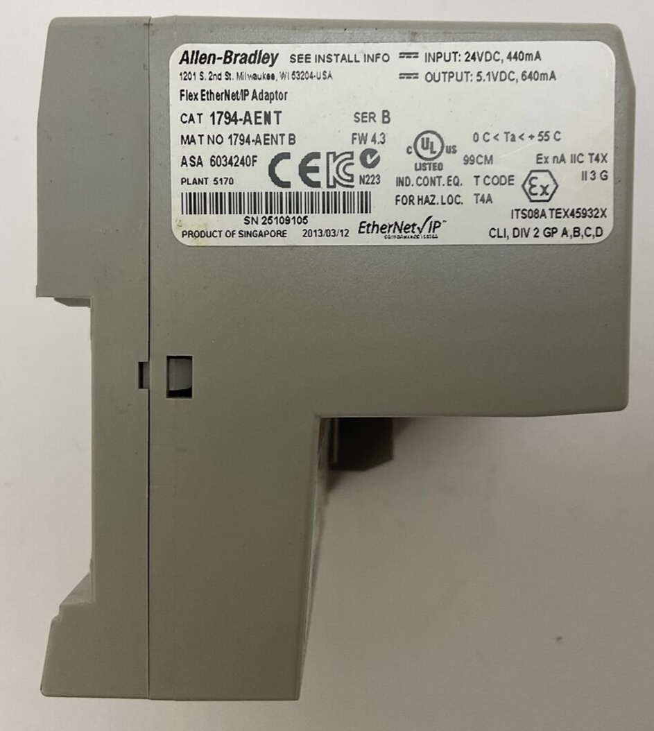 ALLEN BRADLEY 1794-AENT SER B FW 4.3 FLEX ETHERNET IP ADAPTER OUTPUT 5.1VDC