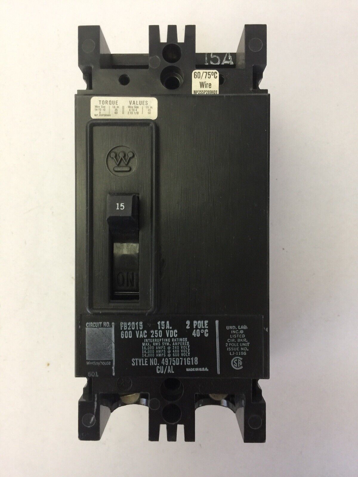 WESTINGHOUSE FB2015 CIRCUIT BREAKER 15AMP 2POLE 600VAC 250VDC 4975D71G18