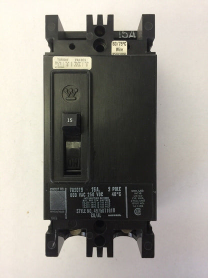 WESTINGHOUSE FB2015 CIRCUIT BREAKER 15AMP 2POLE 600VAC 250VDC 4975D71G18
