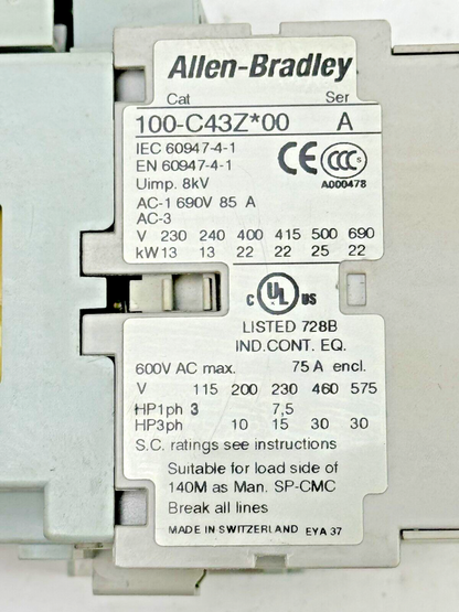 ALLEN-BRADLEY 100-C43Z*00 SER. A CONTACTOR W 24VDC COIL & 100-FSD250 & 100-S